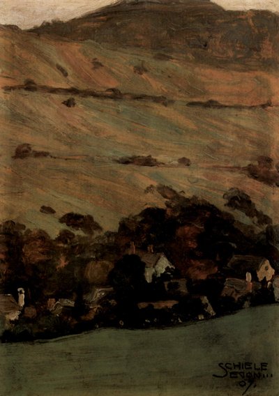 Houses in Front of a Mountain Slope by Egon Schiele